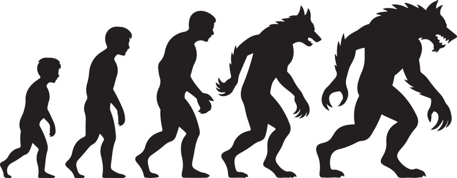 Silhouette evolution from man to werewolf with sharp teeth and claws human desi. black icon drawing vector
