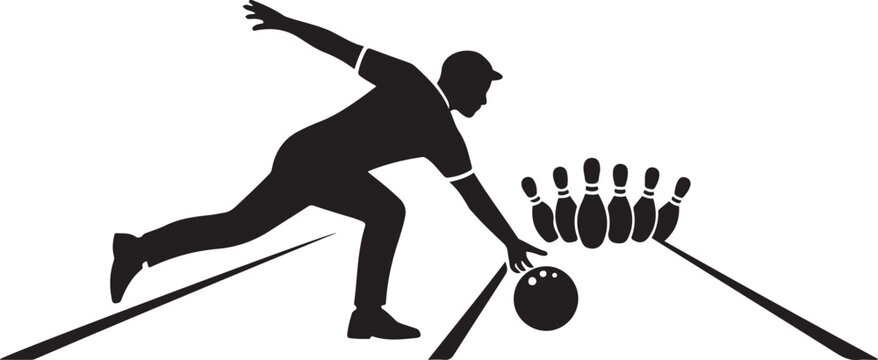 Silhouette of bowler releasing ball towards pins on national bowling day bowling ball bowling pins. black icon drawing vector
