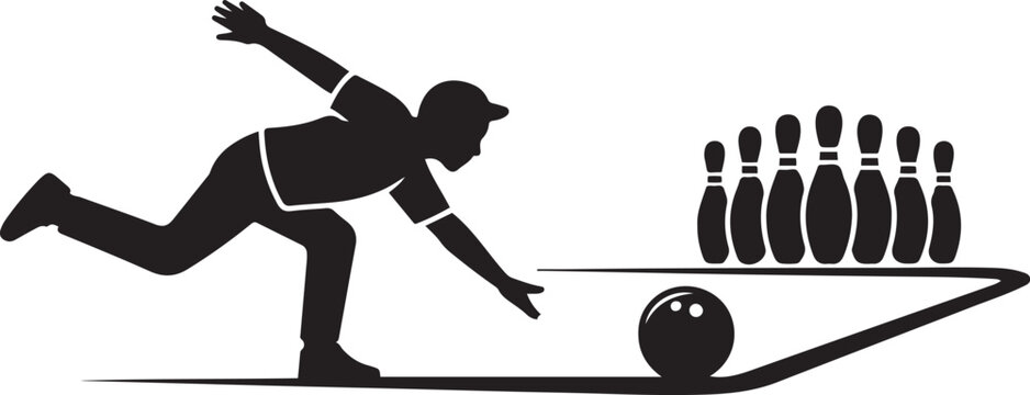Silhouette of bowler releasing ball towards pins on national bowling day bowling ball bowling pins. black icon drawing vector