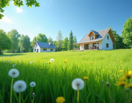 Two modern houses stand on green meadow with dandelions, yellow wildflowers under clear blue sky. One house complete, shows signs of ongoing building work. Rich trees frame peaceful natural landscape.