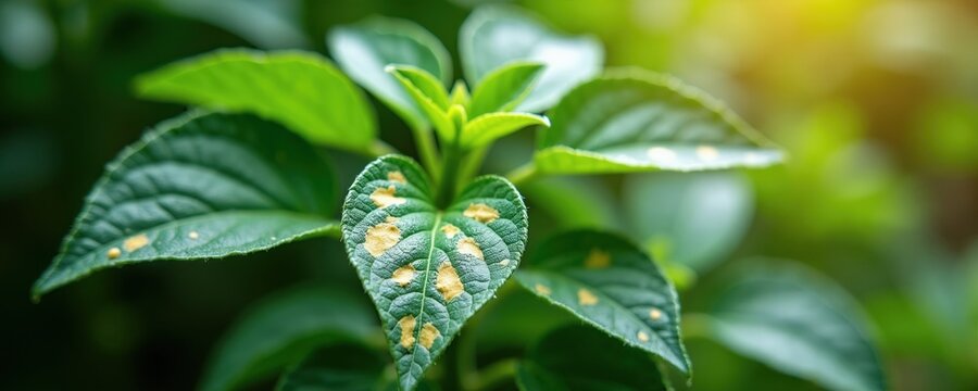 Green plant leaves show yellow spots from sun damage. Young capsicum plants suffer heat stress outdoors. Close up on damaged foliage texture.