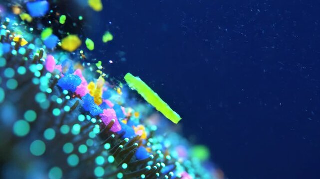 Neon green rock floating over dark surface with colorful glowing particles. Macro view of abstract science element falling through space with vivid lighting effect.