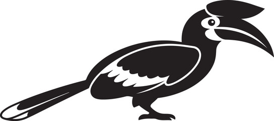 Black silhouette of exotic tropical kalao or rhinoceros hornbill bird. black art icon drawing vector © mst