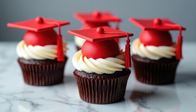 Chocolate cupcakes with white cream frosting wear red graduation caps. Festive desserts sit on marble table for school celebration party. Sweet treats acknowledge academic achievement, college, uni.