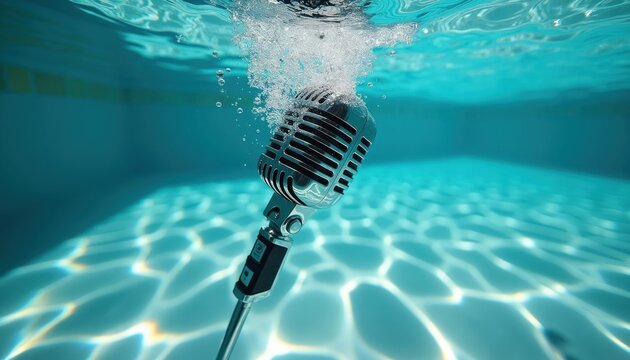 Retro microphone plunges into clear swimming pool water creating bubbles and splash. Underwater scene with bright light reflections on pool floor. Music and sound concept.