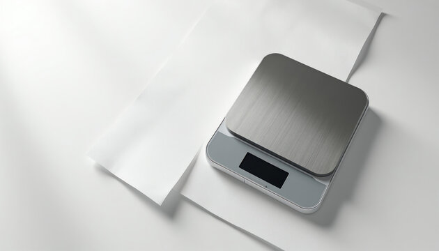 Modern kitchen scale with digital display sits on white surface next to paper. Accurate weighing tool for food prep, baking, and portion control for healthy diets.