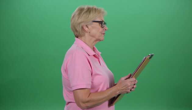 Elderly woman in pink polo and glasses holds clipboard, profile view on green screen studio background. Mature female stands pensively, planning. Business, office, senior life, education.