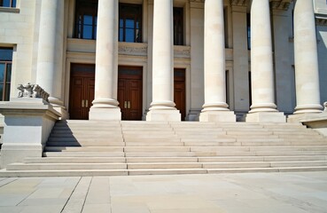 Obraz premium Grand stone stairs lead up to entrance of classical building with large columns. Wooden doors, windows suggest official government courthouse location. Exterior daytime shot shows architectural