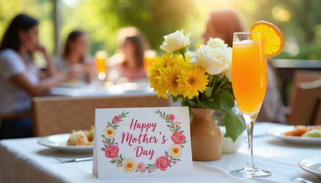 Table set for Mother Day brunch outdoors. Features a mimosa cocktail, flower bouquet, and greeting card. People dine in background, enjoying sunny day.