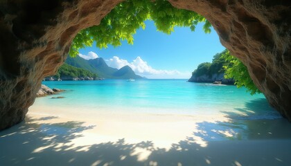 Obraz premium View from cave entrance on white sand beach, clear turquoise sea, lush green mountains, blue sky, boat on water. Tropical paradise oasis, scenic coastal landscape, natural beauty.