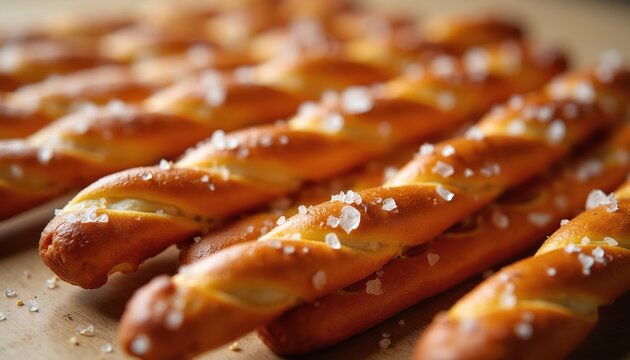Golden brown twisted breadsticks sprinkled with coarse sea salt. Appetizing crunchy baked snacks arranged closely. Perfect for party food or as a savory bite.