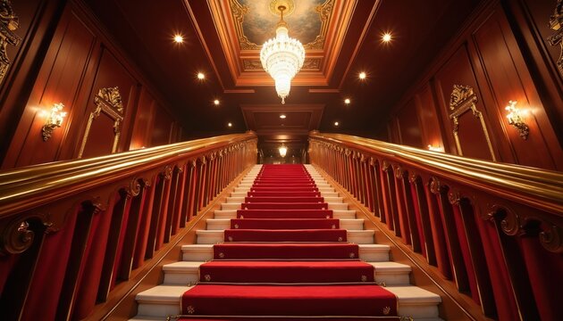 Grand red carpet staircase ascends with brass banister. Ornate wood paneling and chandelier create opulent interior. Warm light glows on stpic leading upwards to grand hall.