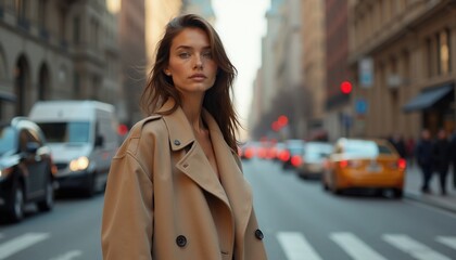 Obraz premium Woman in beige coat walks city street day. Blurred cars, buildings create urban backdrop. Fashionable model looks serious at camera outdoor scene.