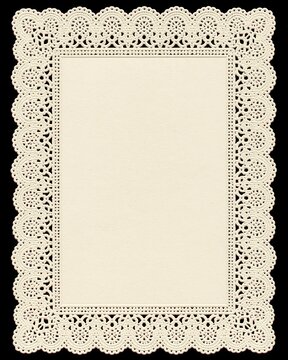 Vintage cream lace doily frame with blank paper center on black background, elegant decorative border with copy space for invitation, menu or greeting card design.