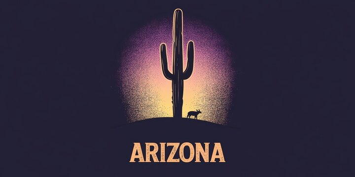 desert postcard art, minimalist postcard design featuring a saguaro cactus silhouette against a purple and pink arizona sunset, with a tiny javelina at the base arizona in bold orange font premium