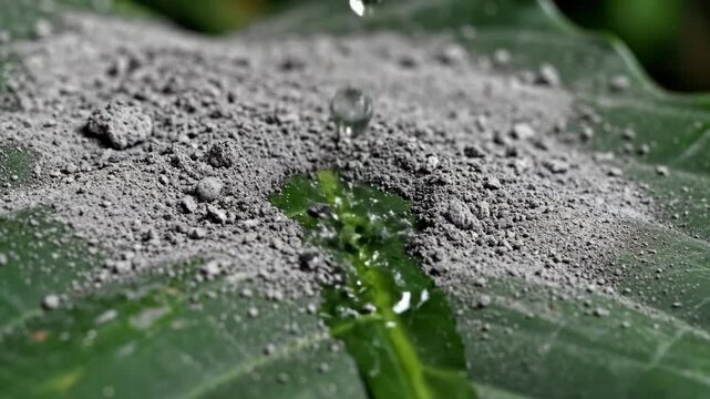 Water droplet pouring onto a green leaf covered in gray dust or ash particles. Macro view of liquid clearing natural debris from surface for eco concept video.