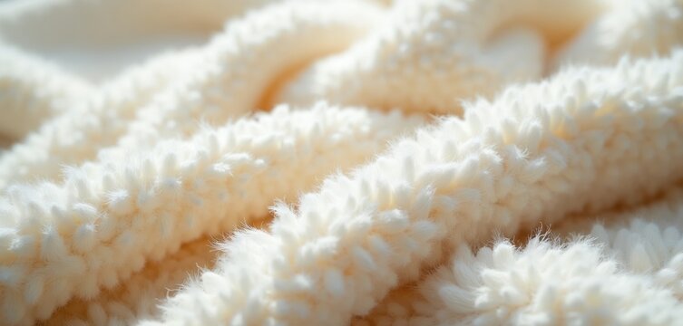 Soft white sherpa fleece texture. Fluffy cozy boucle textile surface. Warm shepickin material for winter fashion and home decor. Closeup macro view of plush fabric.