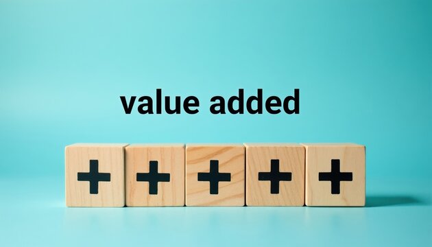 Wooden blocks with plus signs represent value added concept. Five blocks show positive growth and increasing success in business strategy or development. Idea for gains and improvement.