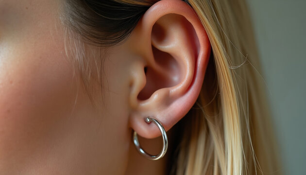 Woman gets ear piercing with silver hoop earring in studio. Closeup on female ear with fashion jewelry. Body modification, beauty accessory trend.