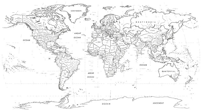 A detailed black and white illustration of the world map with labeled oceans and continents