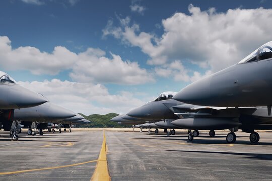 Military Jets Lined up on a Runway at an Airbase Under a Clear Sky