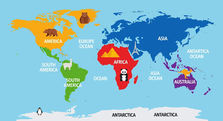 Naklejka premium A colorful educational map of the world highlighting continents and animals