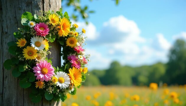 Colorful floral wreath on wooden post in sunny meadow with wildflowers. Summer celebration symbol. Nature, pagan ritual backdrop. Copy space available.