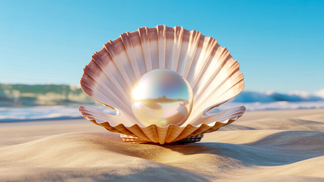 A beautiful iridescent pearl rests inside an open scallop shell on a sunlit sandy beach with the ocean in the background