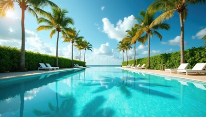 Fototapeta premium Luxury resort infinity pool with palm trees. Clear blue water reflects sky and clouds. Lounge chairs by poolside for sunbathing and relaxation. Tropical vacation destination.