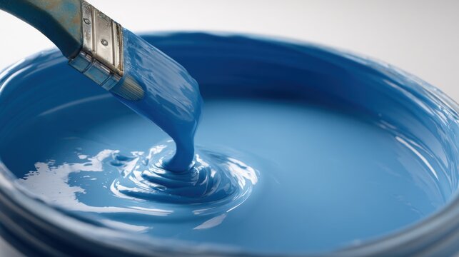 Paintbrush dipping into a can of bright blue paint isolated on white background