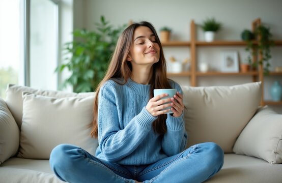 Woman with closed eyes enjoys coffee aroma while sitting cross-legged on a sofa. She holds a light blue cup, breathing in the warm scent of her beverage.