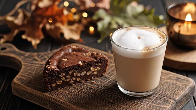 Cappuccino and walnut brownie on rustic board with fall leaves
