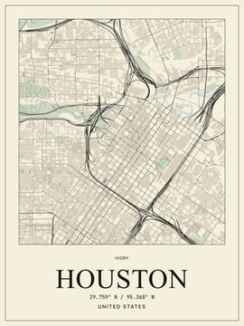 Houston city map print, minimalist street map poster, urban cartography design, texas usa