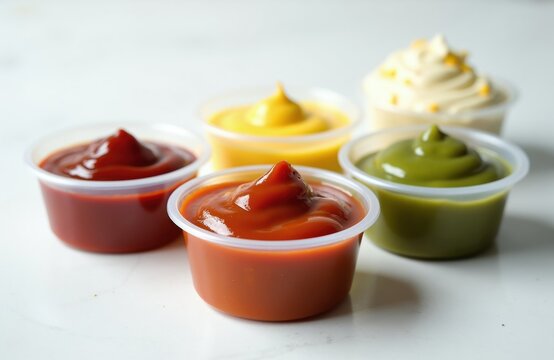 Five small plastic containers hold various dipping sauces including ketchup mustard green pesto and creamy white dip. Sauces are arranged on a clean white surface ready for meals.
