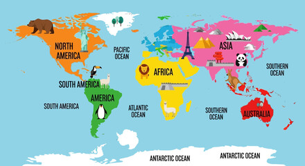 Naklejka premium A colorful illustration of the world map with labeled continents and oceans