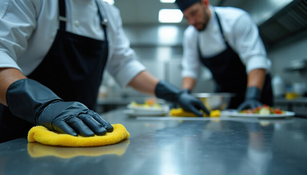 Two chefs in black aprons and gloves sanitize commercial kitchen. One wipes steel table while another cleans food preparation area. Teamwork ensures restaurant cleanliness and food safety standards.