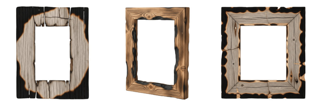 Burnt Edge Rustic Frame Isolated on White Background - Cadre rustique &agrave; bord br&ucirc;l&eacute; - Rustikaler Rahmen mit verbrannter Kante - Marco r&uacute;stico de borde quemado - Charred Wood Border for Vintage Art