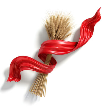 Red satin ribbon tied around bundle of golden wheat isolated on white