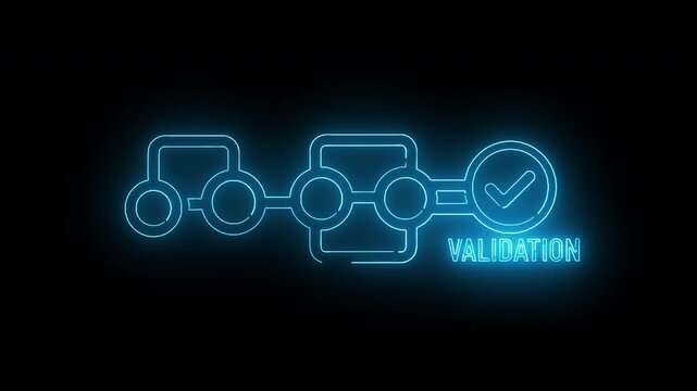 Neon blue flowchart diagram with validation symbol on a black background