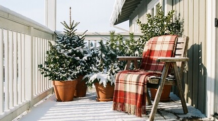 Fototapeta premium Cozy porch scene with wooden chair and red plaid blanket beside potted evergreen trees dusted with snow, calm winter morning light suggests comfort and seasonal decor