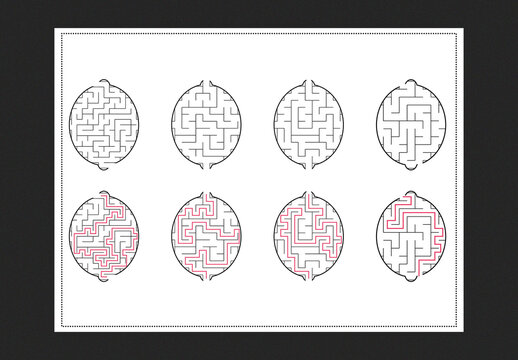 Maze with solution, educational labyrinth, puzzle with answers, fun for kids and adults