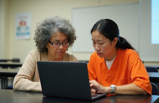 Middle-aged woman helps young inmate learn on laptop in classroom. They wear orange uniforms, suggesting a prison education program focused on rehabilitation.