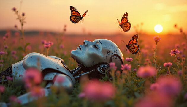 Metallic robot rests in flower field at sunset. Butterflies fly around android lying in pink blossoms. Gentle sun sets on peaceful nature scene. Futuristic technology meets organic beauty.