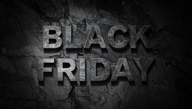 Stone text BLACK FRIDAY carved into dark cracked wall, dramatic lighting, shopping and massive sale concept, urgency and limited-time offer.