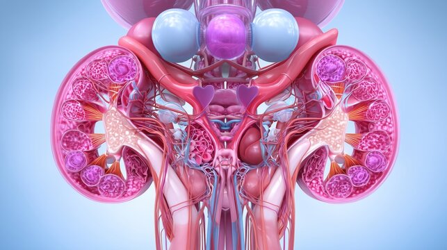 Human kidney anatomy showing intricate internal structures, female reproductive system
