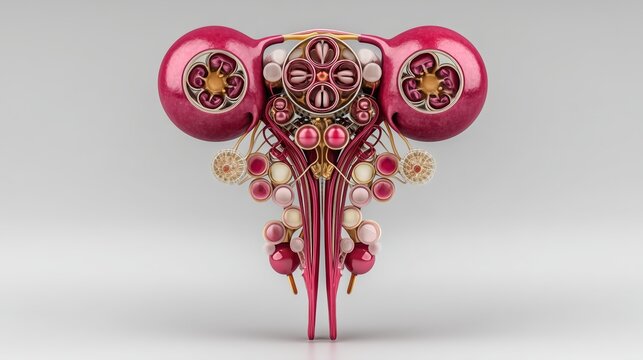 Human kidney anatomy showing intricate internal structures, female reproductive system
