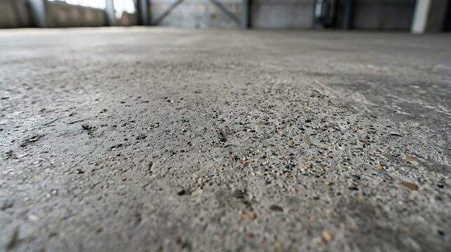 Raw industrial concrete floor texture in modern warehouse building with selective focus and wide angle perspective