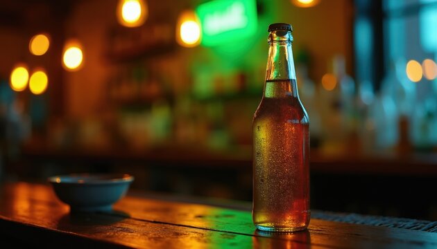 Cold beer bottle with condensation sits on bar counter. Blurred background shows bar lights and shelves with bottles. Ready for pub, party, or drink advertisement.