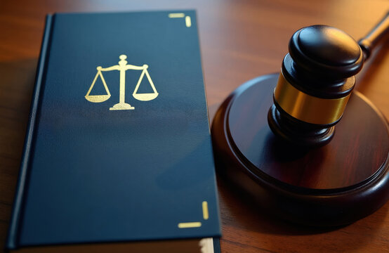 Blue law book with gold scales symbol sits on wood desk next to judge gavel. Legal concept related to court, justice, and crime. Represents authority and verdict.