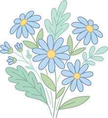 Fototapeta premium A bouquet of blue daisies with green leaves on white background